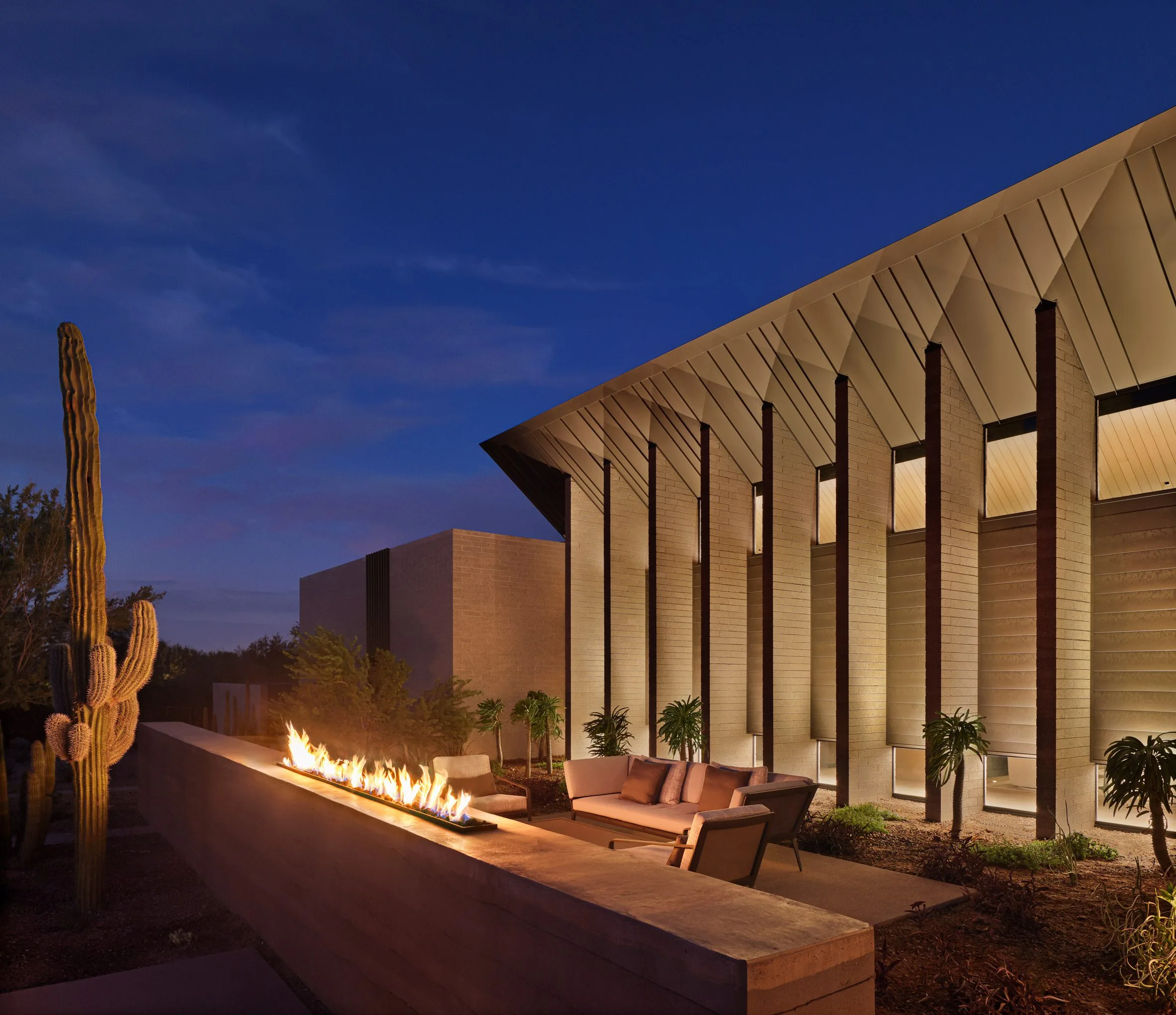Dry Creek, a glowing desert pavilion at dusk with a fire terrace and saguaro.