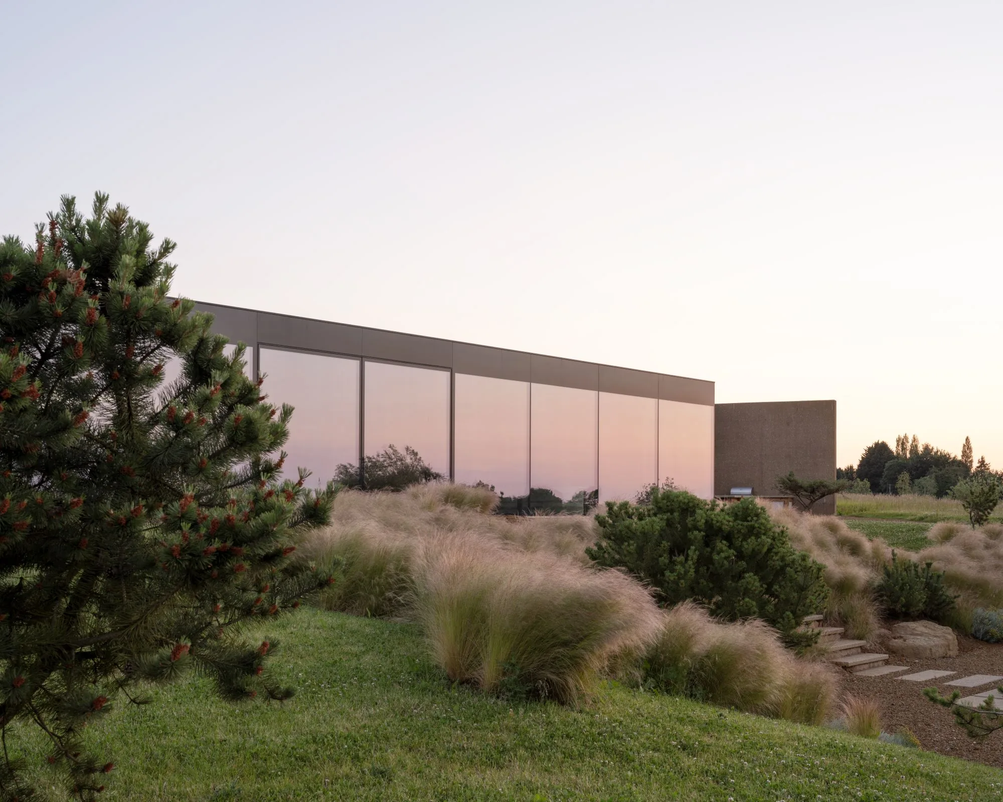The pavilion at dusk, its glazing glowing against a pink sky and grasses.