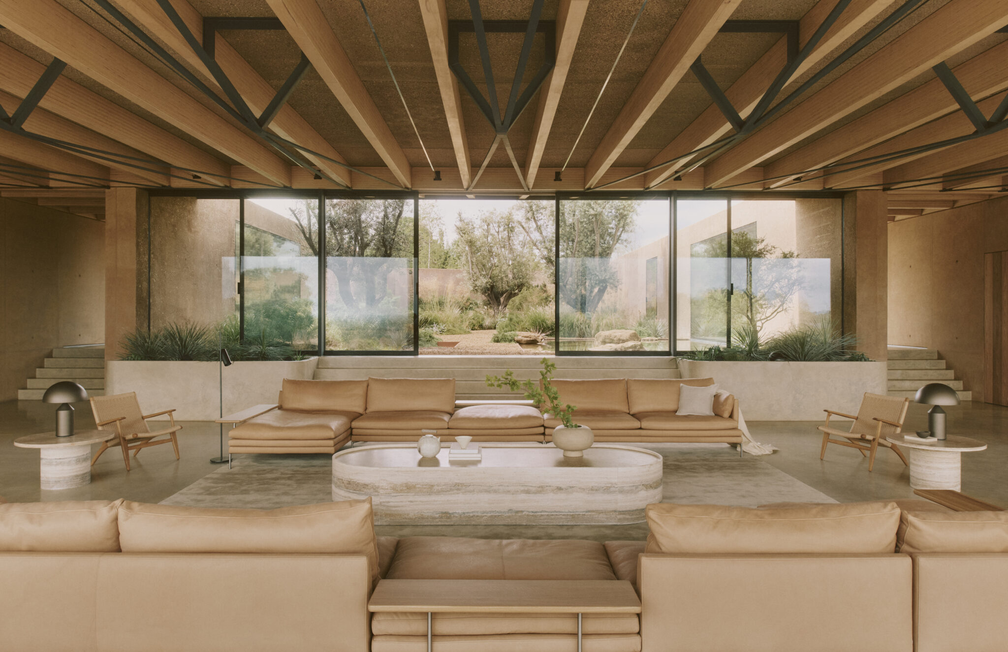 A timber-roofed living room opening onto a walled garden, a Fieldwork concept project.