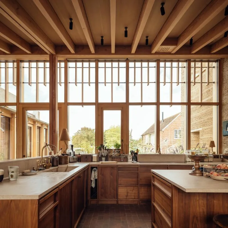 The kitchen wrapped in full-height timber glazing, opening to the garden.